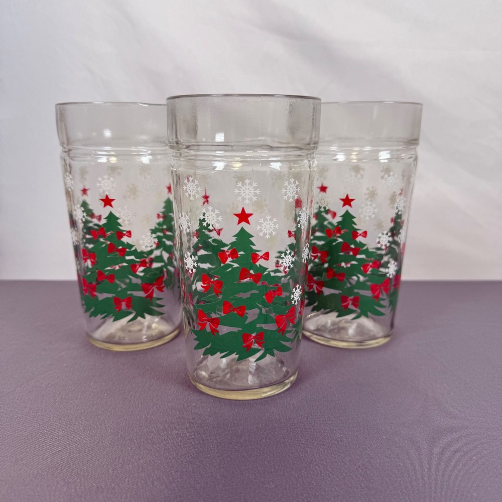 Set of 3 Vintage Christmas Tree Glasses‎ Tumblers Red Bow Star Snowflakes
